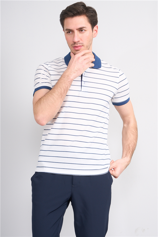 Çetinkaya Mentality 4553 Polo Yaka Regular Çizgili T-shirt Beyaz-İndigo