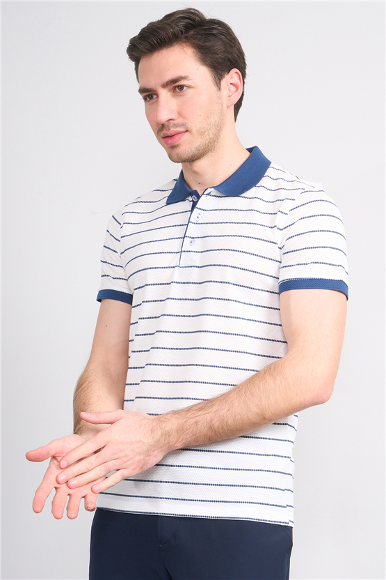 Çetinkaya Mentality 4553 Polo Yaka Regular Çizgili T-shirt Beyaz-İndigo