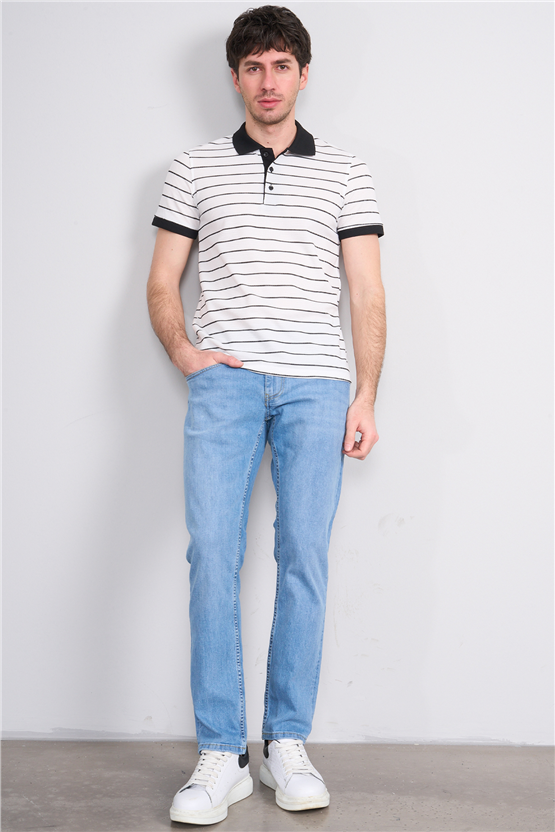 Çetinkaya Mentality 4553 Polo Yaka Regular Çizgili T-shirt Beyaz-Siyah