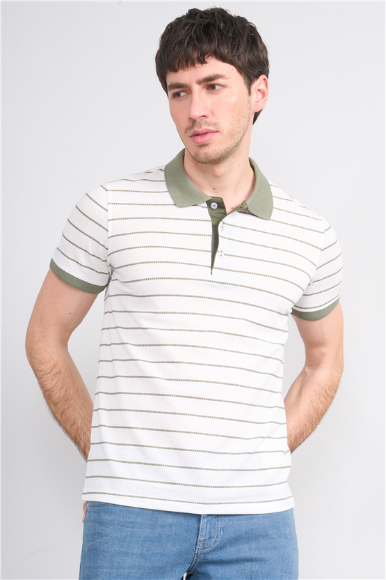 Çetinkaya Mentality 4553 Polo Yaka Regular Çizgili T-shirt Beyaz-Haki