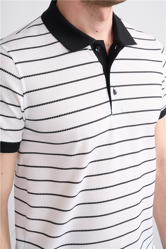 Çetinkaya Mentality 4553 Polo Yaka Regular Çizgili T-shirt Beyaz-Siyah