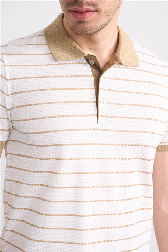 Çetinkaya Mentality 4553 Polo Yaka Regular Çizgili T-shirt Beyaz-Taş