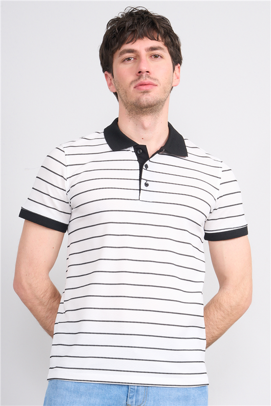 Çetinkaya Mentality 4553 Polo Yaka Regular Çizgili T-shirt Beyaz-Siyah