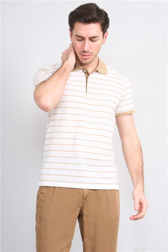 Çetinkaya Mentality 4553 Polo Yaka Regular Çizgili T-shirt Beyaz-Taş