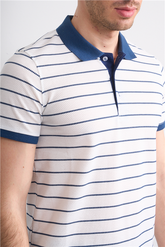 Çetinkaya Mentality 4553 Polo Yaka Regular Çizgili T-shirt Beyaz-İndigo