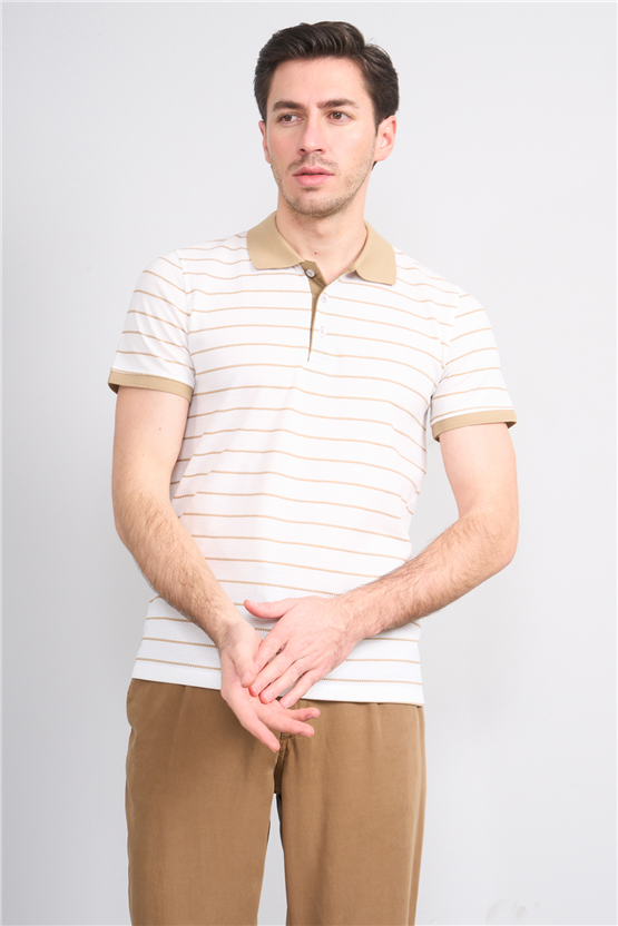 Çetinkaya Mentality 4553 Polo Yaka Regular Çizgili T-shirt Beyaz-Taş