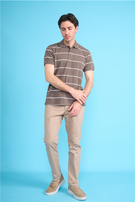 Çetinkaya Mentality 4554 Polo Yaka Regular Çizgili T-shirt Kahve