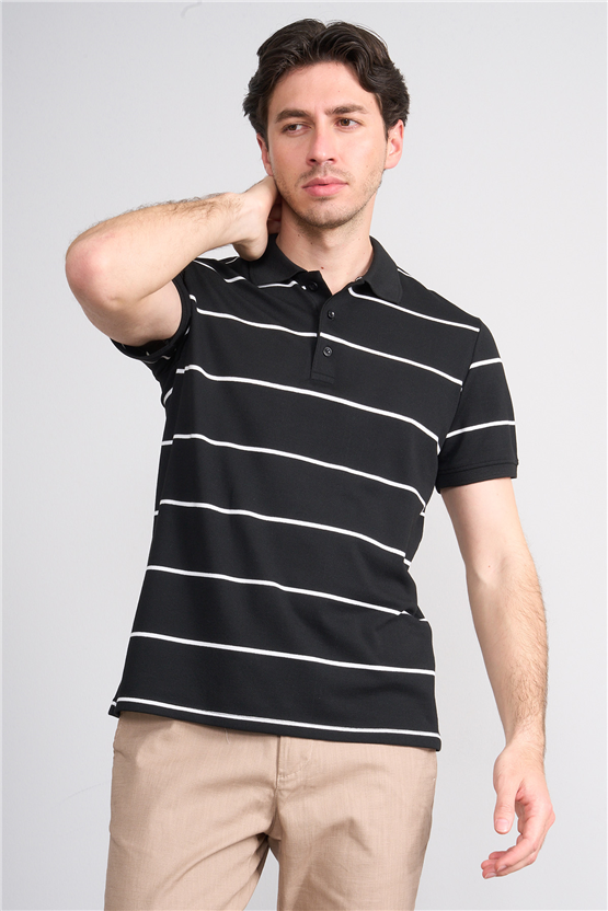 Çetinkaya Mentality 4554 Polo Yaka Regular Çizgili T-shirt Siyah