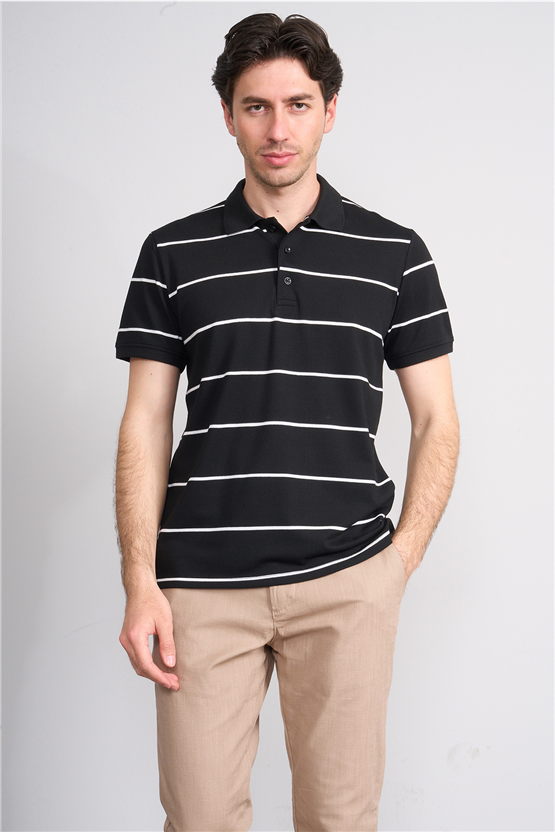 Çetinkaya Mentality 4554 Polo Yaka Regular Çizgili T-shirt Siyah