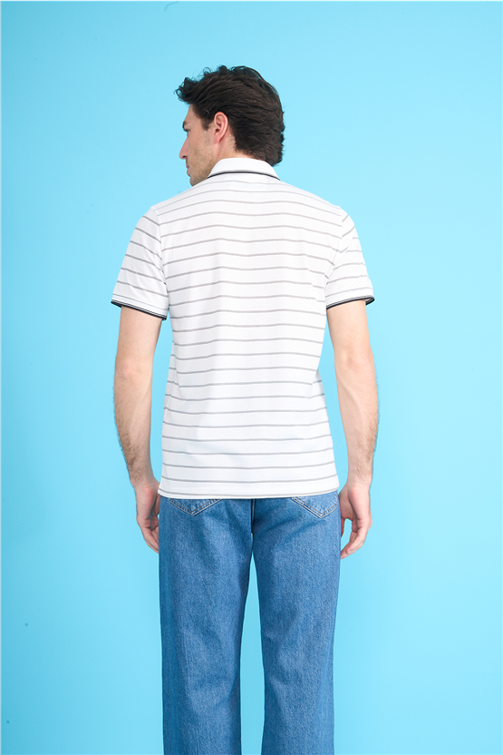 Çetinkaya Mentality 4557 Polo Yaka Regular Çizgili T-shirt Beyaz-Siyah
