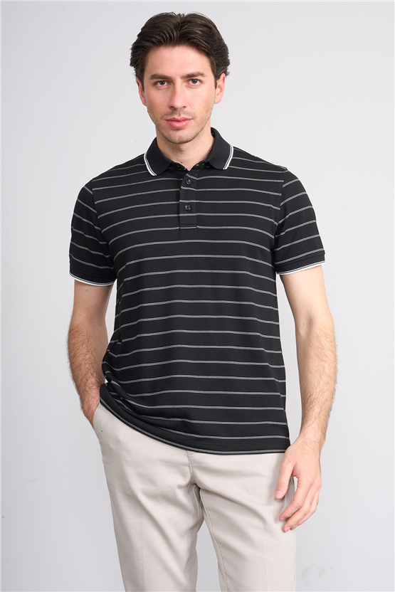 Çetinkaya Mentality 4557 Polo Yaka Regular Çizgili T-shirt Siyah-Beyaz