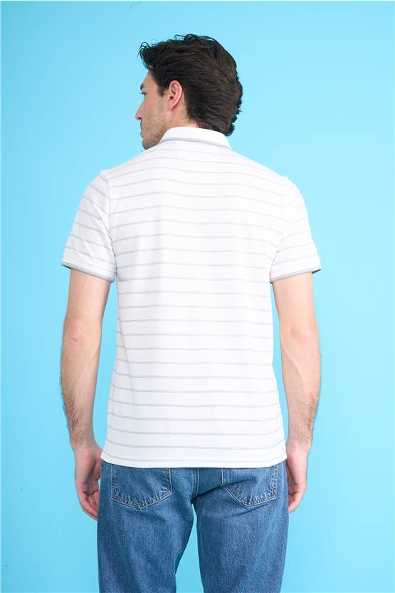Çetinkaya Mentality 4557 Polo Yaka Regular Çizgili T-shirt Beyaz-Gri