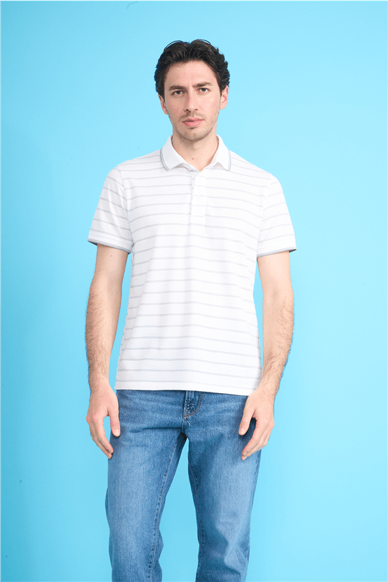 Çetinkaya Mentality 4557 Polo Yaka Regular Çizgili T-shirt Beyaz-Gri