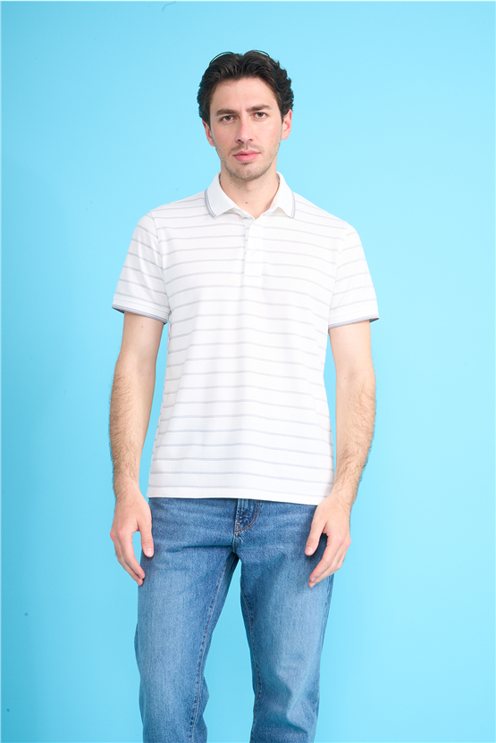 Çetinkaya Mentality 4557 Polo Yaka Regular Çizgili T-shirt Beyaz-Gri