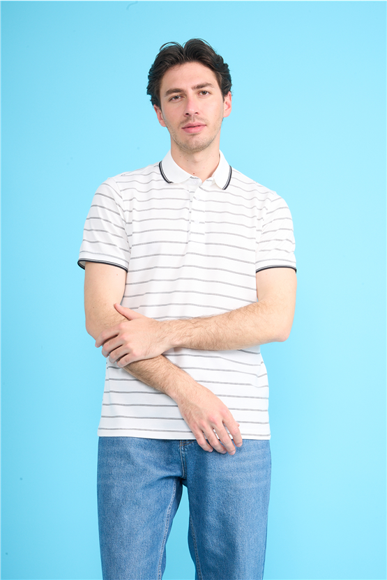 Çetinkaya Mentality 4557 Polo Yaka Regular Çizgili T-shirt Beyaz-Siyah