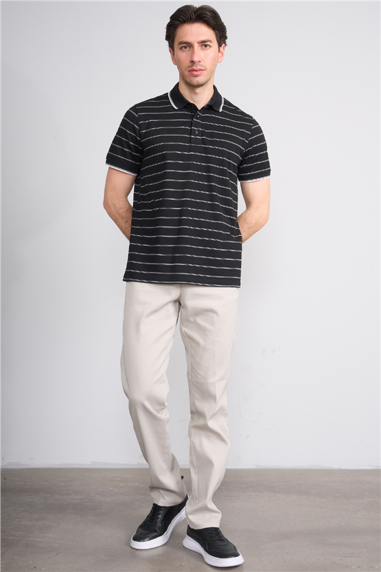 Çetinkaya Mentality 4557 Polo Yaka Regular Çizgili T-shirt Siyah-Beyaz