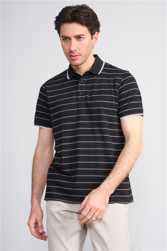 Çetinkaya Mentality 4557 Polo Yaka Regular Çizgili T-shirt Siyah-Beyaz