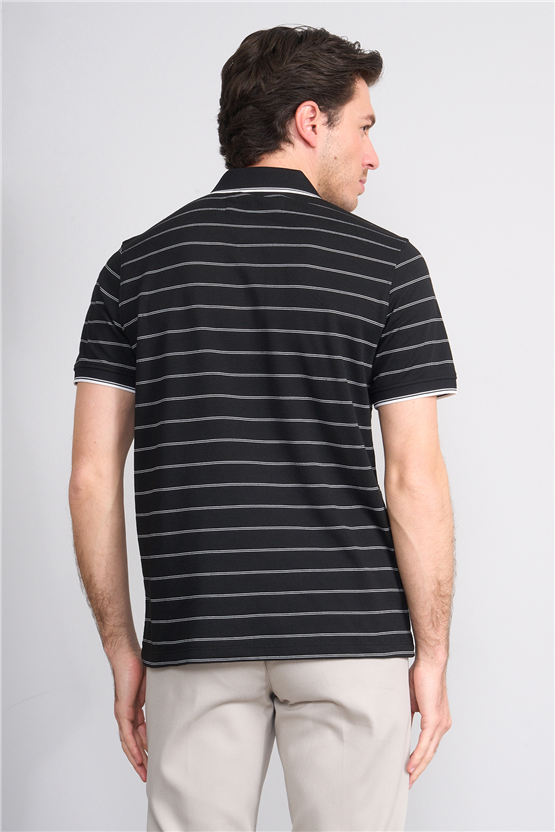 Çetinkaya Mentality 4557 Polo Yaka Regular Çizgili T-shirt Siyah-Beyaz