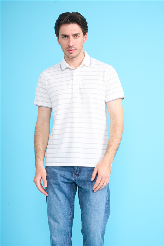 Çetinkaya Mentality 4557 Polo Yaka Regular Çizgili T-shirt Beyaz-Gri