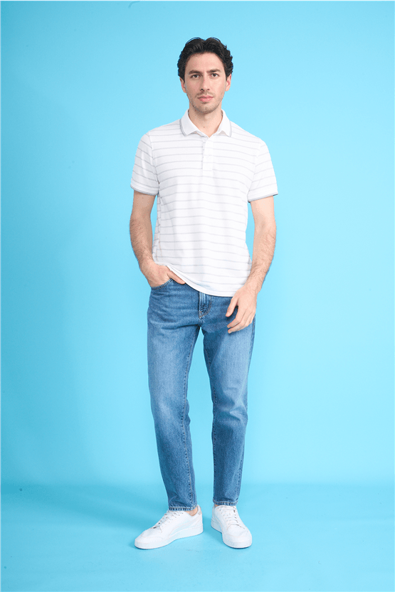 Çetinkaya Mentality 4557 Polo Yaka Regular Çizgili T-shirt Beyaz-Gri
