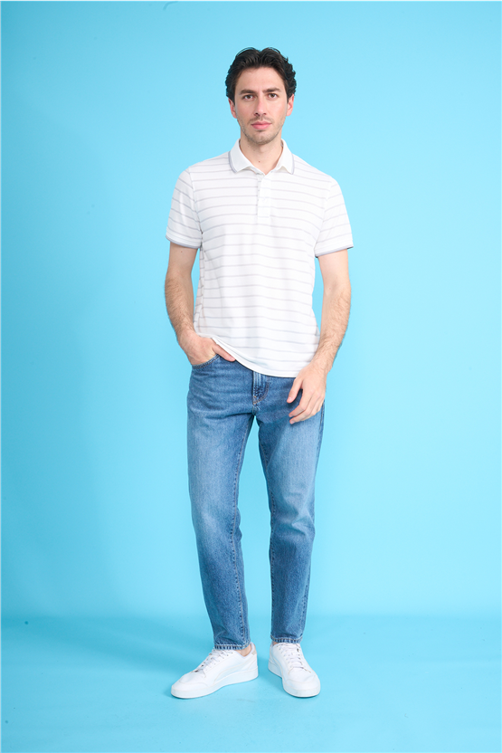 Çetinkaya Mentality 4557 Polo Yaka Regular Çizgili T-shirt Beyaz-Gri