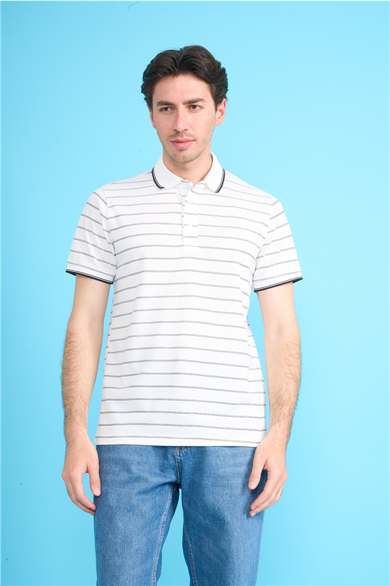 Çetinkaya Mentality 4557 Polo Yaka Regular Çizgili T-shirt Beyaz-Siyah