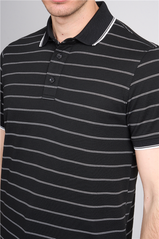 Çetinkaya Mentality 4557 Polo Yaka Regular Çizgili T-shirt Siyah-Beyaz