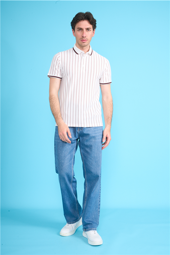 Çetinkaya Mentality 4564 Polo Yaka Regular Çizgili T-shirt Beyaz-Siyah
