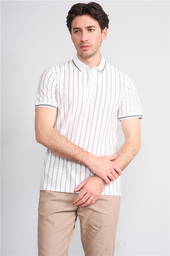 Çetinkaya Mentality 4564 Polo Yaka Regular Çizgili T-shirt Beyaz-Gri