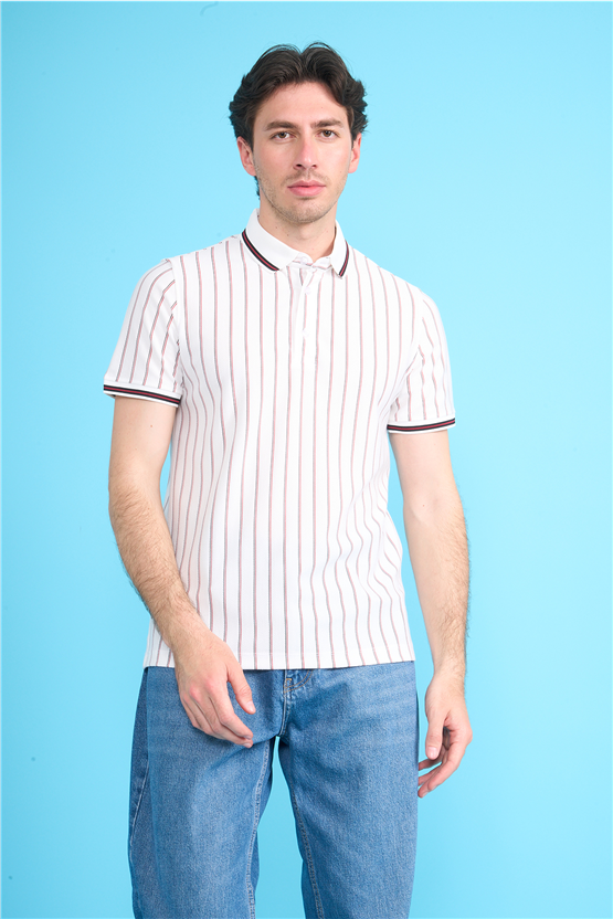 Çetinkaya Mentality 4564 Polo Yaka Regular Çizgili T-shirt Beyaz-Siyah