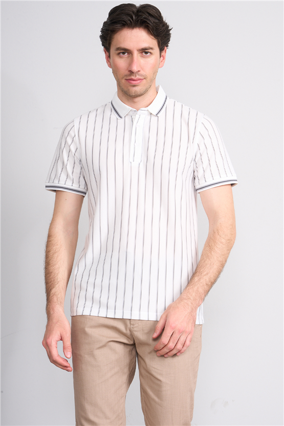 Çetinkaya Mentality 4564 Polo Yaka Regular Çizgili T-shirt Beyaz-Gri