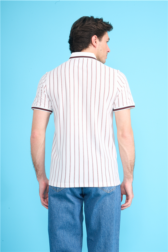 Çetinkaya Mentality 4564 Polo Yaka Regular Çizgili T-shirt Beyaz-Siyah
