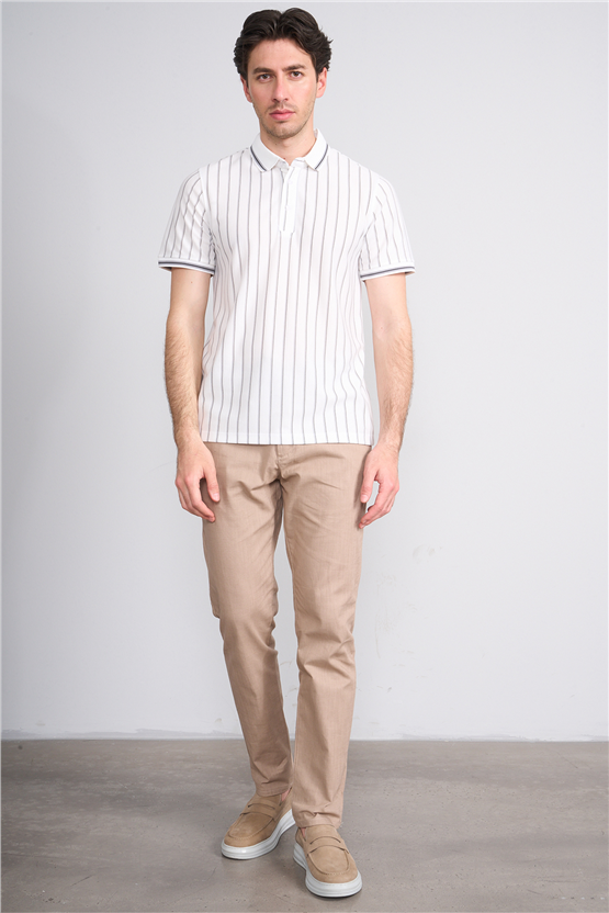 Çetinkaya Mentality 4564 Polo Yaka Regular Çizgili T-shirt Beyaz-Gri