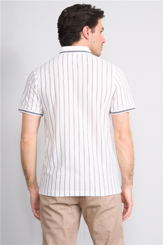 Çetinkaya Mentality 4564 Polo Yaka Regular Çizgili T-shirt Beyaz-Gri