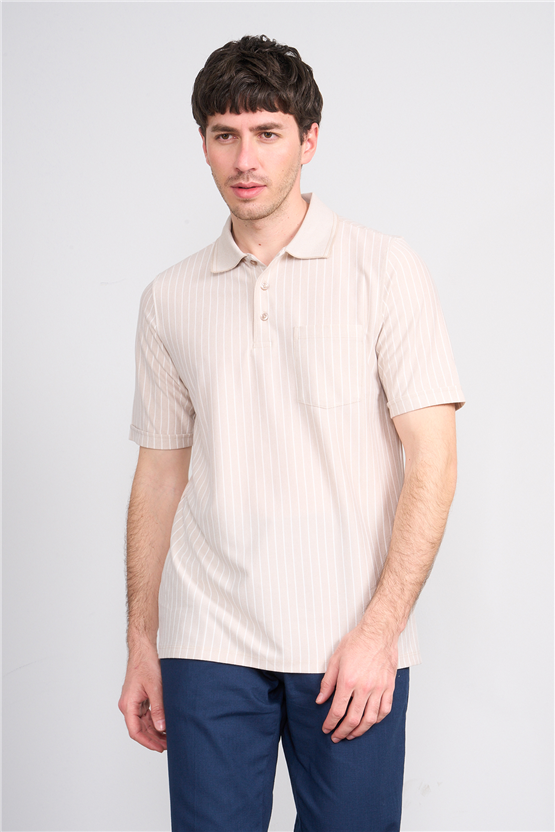 Çetinkaya Mentality 4594 Polo Yaka Regular Çizgili T-shirt Taş