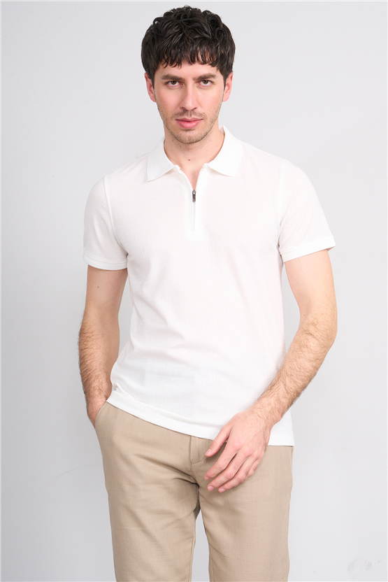 Çetinkaya Mentality 4601 Fermuarlı Polo Yaka Regular Modelli T-shirt Beyaz