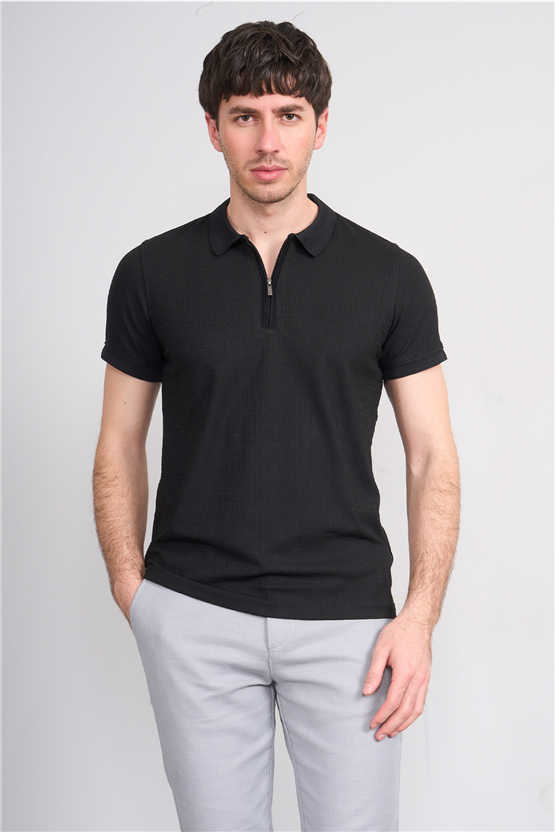 Çetinkaya Mentality 4601 Fermuarlı Polo Yaka Regular Modelli T-shirt Siyah