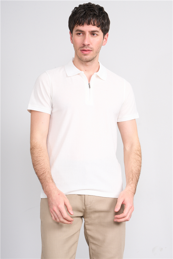 Çetinkaya Mentality 4601 Fermuarlı Polo Yaka Regular Modelli T-shirt Beyaz