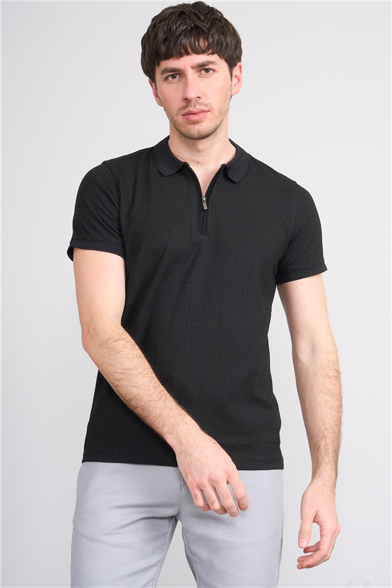 Çetinkaya Mentality 4601 Fermuarlı Polo Yaka Regular Modelli T-shirt Siyah