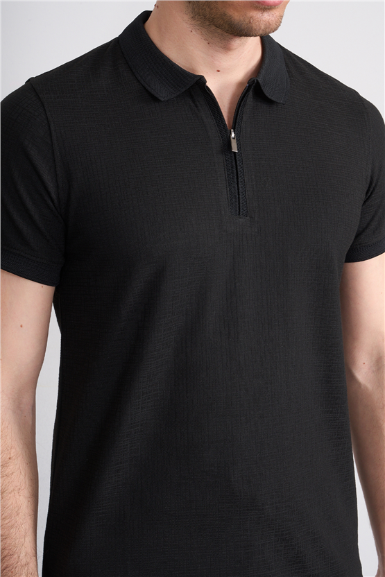 Çetinkaya Mentality 4601 Fermuarlı Polo Yaka Regular Modelli T-shirt Siyah