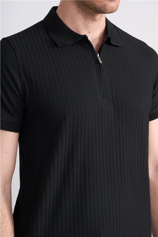 Çetinkaya Mentality 4610 Fermuarlı Polo Yaka Regular Modelli T-shirt Siyah