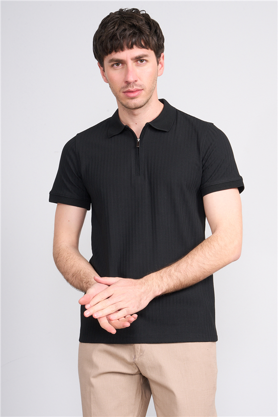 Çetinkaya Mentality 4610 Fermuarlı Polo Yaka Regular Modelli T-shirt Siyah
