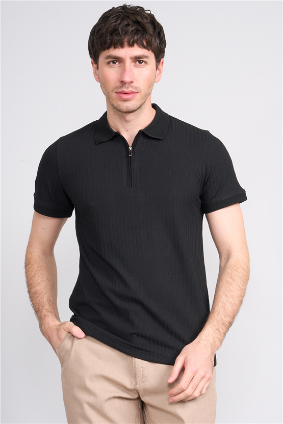 Çetinkaya Mentality 4610 Fermuarlı Polo Yaka Regular Modelli T-shirt Siyah