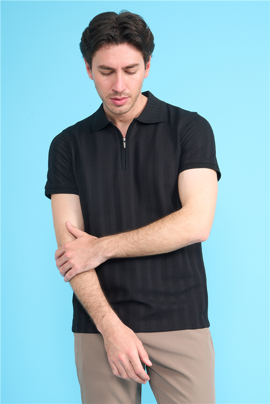 Çetinkaya Mentality 4611 Fermuarlı Polo Yaka Regular Modelli T-shirt Siyah