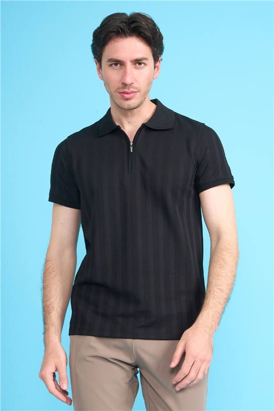 Çetinkaya Mentality 4611 Fermuarlı Polo Yaka Regular Modelli T-shirt Siyah
