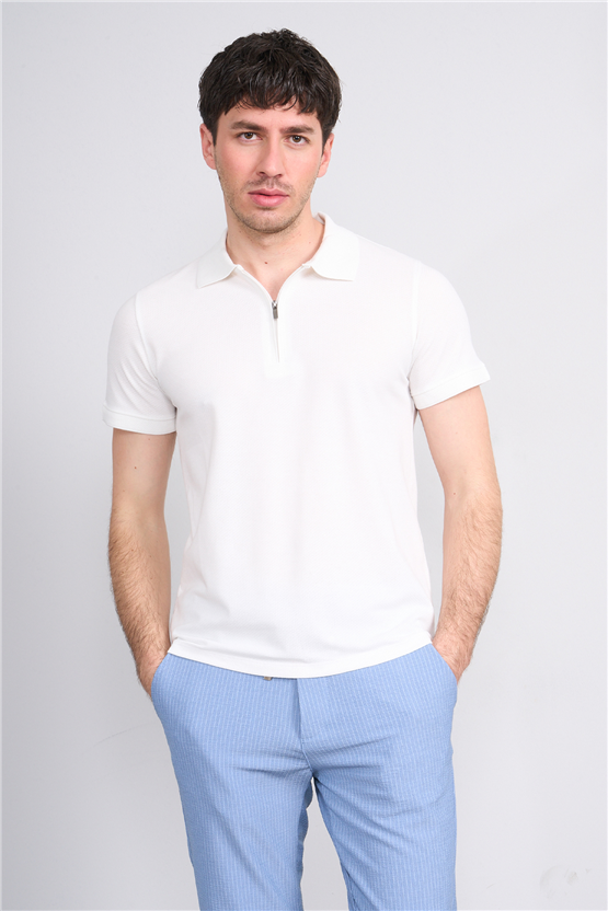 Çetinkaya Mentality 4612 Fermuarlı Polo Yaka Regular Modelli T-shirt Beyaz