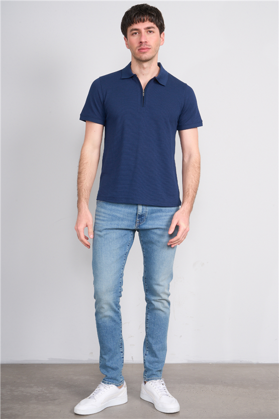 Çetinkaya Mentality 4612 Fermuarlı Polo Yaka Regular Modelli T-shirt İndigo