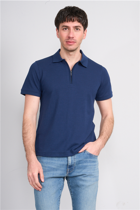 Çetinkaya Mentality 4612 Fermuarlı Polo Yaka Regular Modelli T-shirt İndigo