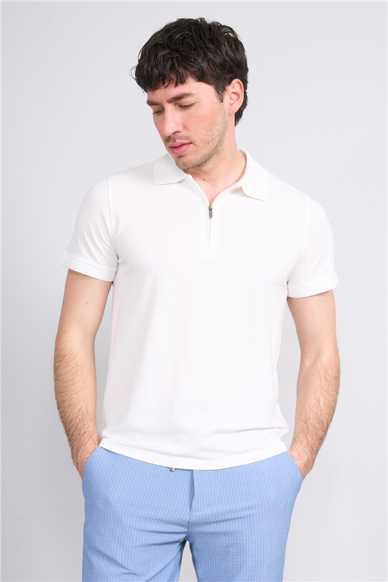 Çetinkaya Mentality 4612 Fermuarlı Polo Yaka Regular Modelli T-shirt Beyaz