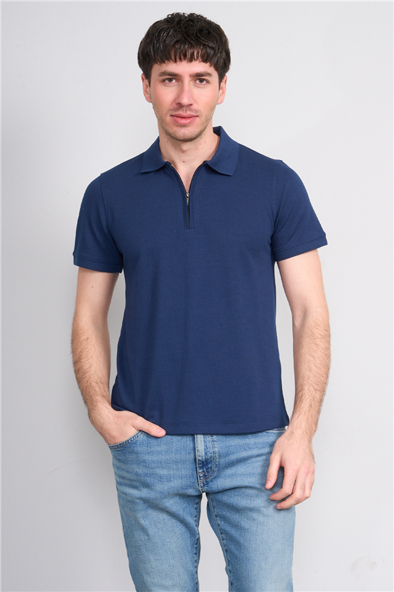 Çetinkaya Mentality 4612 Fermuarlı Polo Yaka Regular Modelli T-shirt İndigo